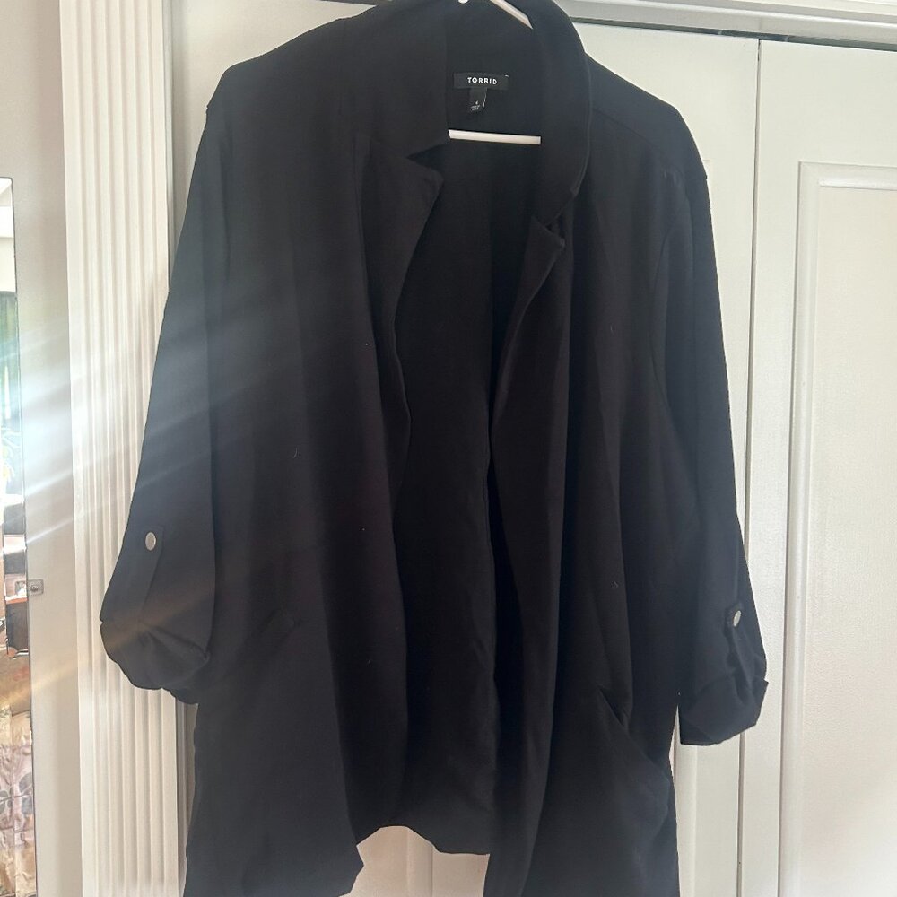 TORRID Black Jersey Knit Roll Tab Sleeve Longline Blazer Jacket